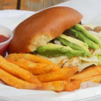 Grilled Chicken Avocado Sandwich · Grilled chicken mushroom and swiss cheese avocado. Served with side salad.