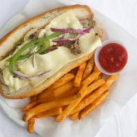 Philly Cheese Steak Sandwich · Thin slices of sirloin steak sautéed with onions, bell peppers, mushrooms, and topped with s...