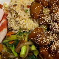 8 · Pork fried rice, BBQ pork, pineapple chicken, beef broccoli.