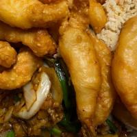 9 · Spicy. Pork fried rice, fried shrimp, mar far chicken, Mongolian beef.