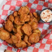 Fried Pickles · Crispy chips with blue horseradish sauce