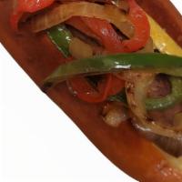 Og Brat · Grilled Bratwurst with peppers, onions and stoneground Dijon mustard.