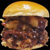 Swineless Bbq Park · Pulled BBQ jackfruit sandwich topped with fried onion rings