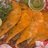 Quesabirria Order · Four corn tortilla taco with cheese, beef birria, onion, and cilantro. Paired on the side wi...