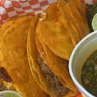 Birria Taco Order  · (4) Four corn tortilla tacos with beef birria, onion, and cilantro. Paired on the side with ...
