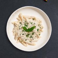 Alfredo Pasta (Penne) · Penne pasta cooked in creamy white sauce topped with parmesan.