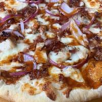 Small Thin Bbq Bianca · NO Red Sauce. Herbed Garlic Butter, Mozzarella Cheese, Applewood Bacon, Red Onions & MI Bour...