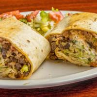 California Burrito  · Big burrito with flour tortilla wrap, beans, rice, lettuce, pico de gallo, Guacamole and sou...