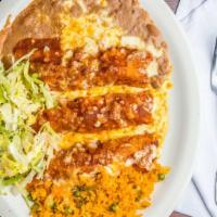 Enchiladas · Soft tortillas stuffed with cheese, chicken, beef with red sauce and melted cheese.