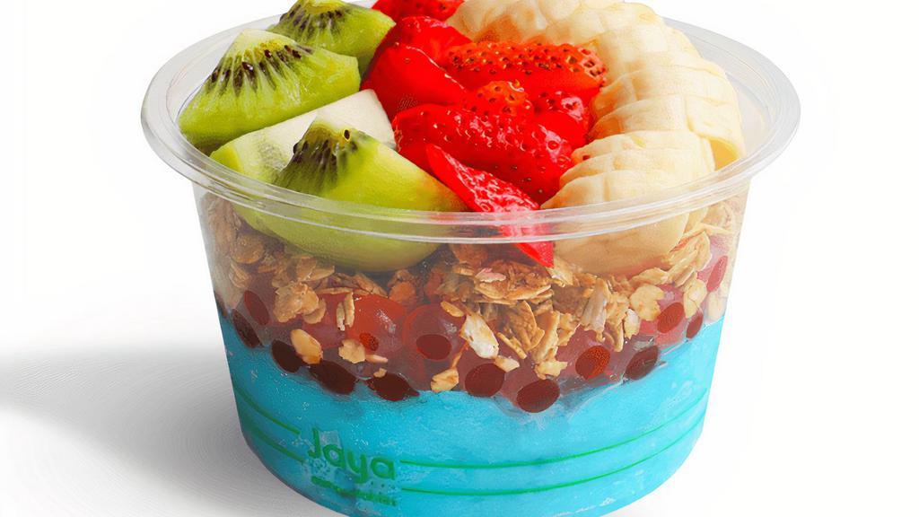 Boba Blue Bowl · Smooth coconut blue sorbet made with blue spirulina, topped with strawberry boba, crunchy honey GF granola, fresh kiwi, strawberries, and banana. Contains coconut. 420 cal. Boba pearls and jellies present a choking hazard and should not be served to children under 5 years of age.