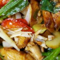 Ginger Perfect · Sautéed fresh ginger, onions, bell peppers, scallions, carrots, baby corn and mushrooms in a...