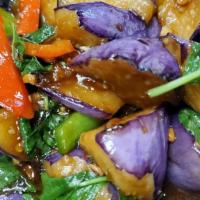 Spicy Eggplant · Vegetarian. sliced Chinese eggplant bell pepper, basil leaves stir-fried with chili-garlic b...