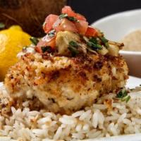 Herb Crusted Cod · panko crust topped w artichoke hearts, tomatoes, parsley & lemon butter sauce over a bed of ...