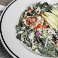 Roasted Chicken Avocado Salad · Roasted chicken, mixed greens, fresh avocado, bacon, red onions, fresh tomatoes, cucumbers, ...