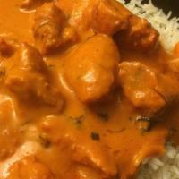 Butter Chicken · Chicken cooked in a rich tomato sauce with cream and butter.
