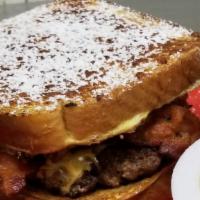 French Toast Burger · French toast, patty, egg, cheese & bacon.