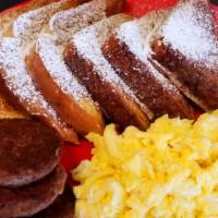 French Toast Combo · 4 French Toast halves, 4 pieces of meat, 2 eggs