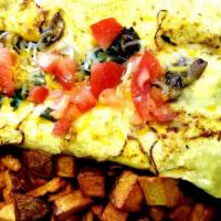 Garden Omelet · Mushrooms, spinach, bell peppers, onions, tomatoes, cheese with side.