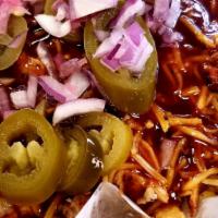 Small Loaded Fries · Freshly cut fries topped with your choice of meat, cheese, BBQ sauce, onions, and jalapeños(...