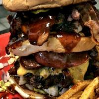 Ooh Wee Burger · 2 patties, brisket, bacon, links, cheese, mayo, lettuce, tomatoes, pickles, onions on 3 toas...