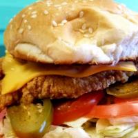 Fish Sandwich · Catfish fillet, mayo, lettuce, tomatoes, pickles, onions on toasted bun.