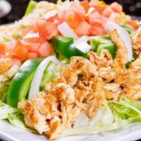 El Colonial Salad · Strips of grilled chicken served with lettuce, tomatoes, onions, green peppers, shredded che...