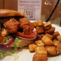 Buffalo Burger · recommended with fried chicken tenders. Danish bleu cheese | Buffalo sauce | shredded lettuc...