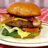 Bacon Cheeseburger · Half pound angus beef, lettuce, tomato, bacon, cheese and house sauce.