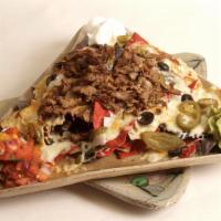 Naoxchos · Nachos (the ox is silent). Tri-color tortilla chips, black onions, jalapeños, our cheesy ble...