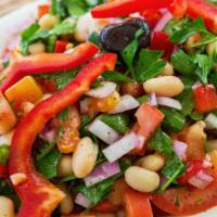 White Bean Salad (Piyaz) · Mixed with tomatoes, red onions parsley, red peppers served with olive oil and lemon dressing.