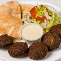 Falafel · Ground chickpeas blended with fresh onions and parsley. Contains gluten. Served with tahini ...