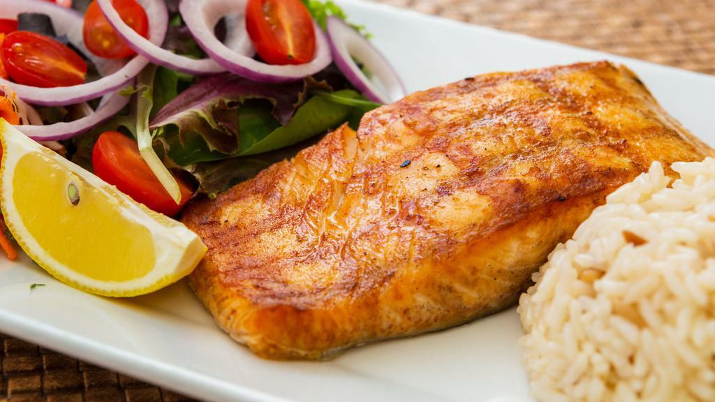 Salmon · Broiled fillet salmon in our special spices. Served with rice and side of fresh house salad.