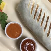 Spicy Breakfast Burrito · Your choice of bacon, umu pork, or veggie with eggs, hash browns, sliced cheese, chopped jal...