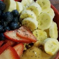 All Fruit Bowl · Blended acai berry & banana topped with cranberry cashew granola, fresh fruit, & chia seeds.