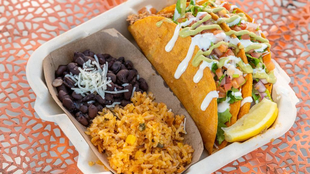 Hard Shell Taco Combo · Two hard shell tacos with a side of rice and beans and your choice or jackfruit flavor.