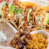 Taco Combo · Three tacos with the rice and beans on the side and your choice of jackfruit flavor.