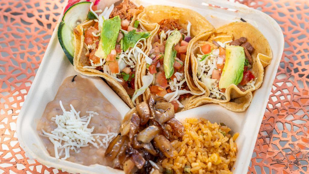 Taco Combo · Three tacos with the rice and beans on the side and your choice of jackfruit flavor.