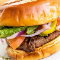 Classic Burger · House-ground 1/2 lb top sirloin tomato, red onion, pickles, Romaine, and brioche roll. Serve...