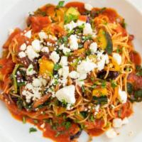 Vegetarian Greek Pasta · Vermicelli noodles, homemade marinara, zucchini, Kalamata olives, capers, garlic, onions, pe...