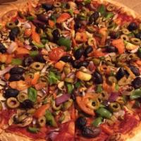 Veggie Works Pizza · Lots of mozzarella cheese plus tomatoes, fresh mushrooms, black and green olives, onions, an...