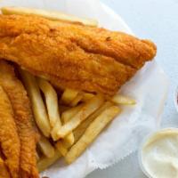 Fish And Chips Platter · Three pieces. Served with french fries and two rolls.