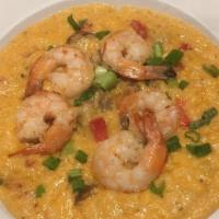Shrimp And Grits · Blackened shrimp, apple-wood smoked bacon & cheddar cheese; served over grits, crumbled appl...