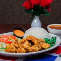 Fried Chicken (Chicharron De Pollo) · It comes with rice & beans or plantains and salad (viene acompanada con arroz & habichuela o...