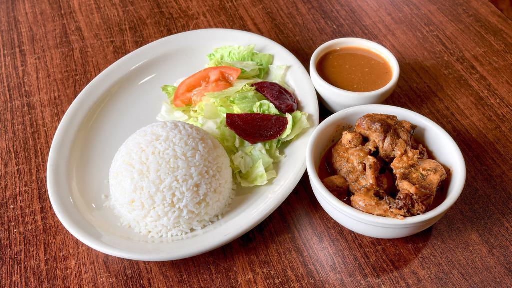 Chicken Stew (Pollo Guisado) · It comes with rice & beans or plantains and salad (viene acompanada con arroz & habichuela o Tostones, and ensalada verde).