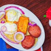 Tres Golpes · plantains, dominican frying cheese, salami, eggs,