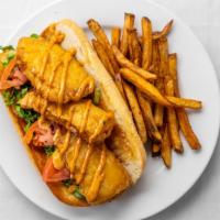 Po' Boy · Fried cod, Cajun remoulade, lettuce and tomato on an amoroso roll. Served with fresh cut fri...