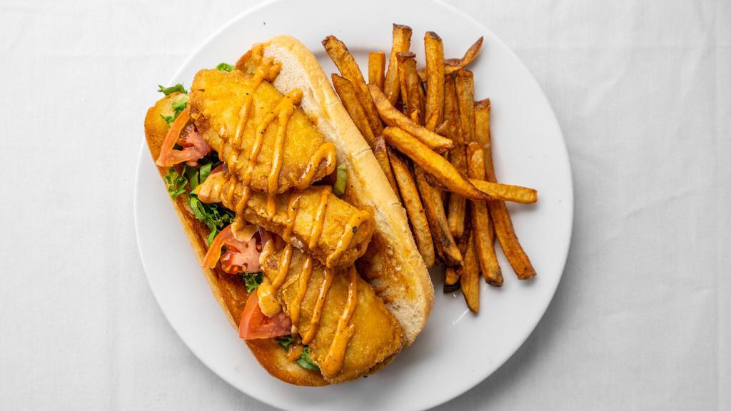 Po' Boy · Fried cod, Cajun remoulade, lettuce and tomato on an amoroso roll. Served with fresh cut fries.