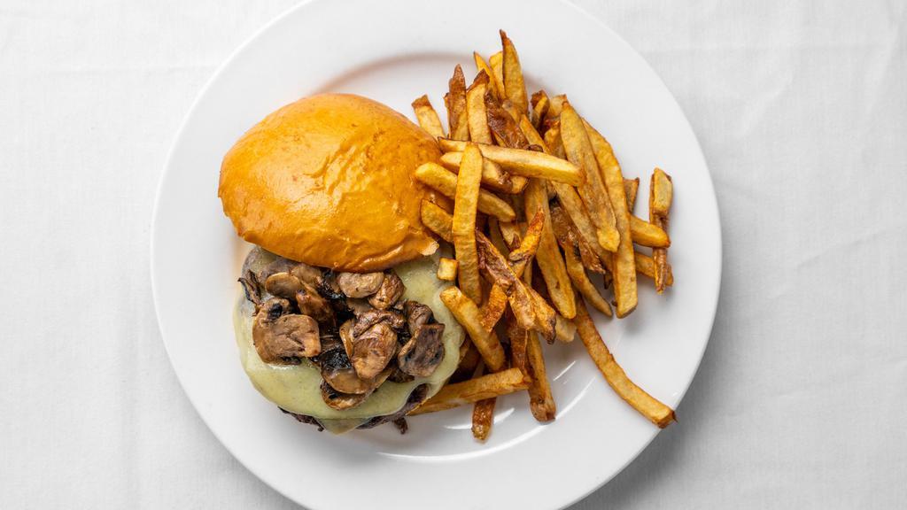 Alpine Burger · Mushrooms and swiss. Served on a brioche roll with fresh cut fries.