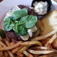 Frenchie Burger · Baby spinach, herbed mayonnaise and brie. Served on a brioche roll with fresh cut fries.