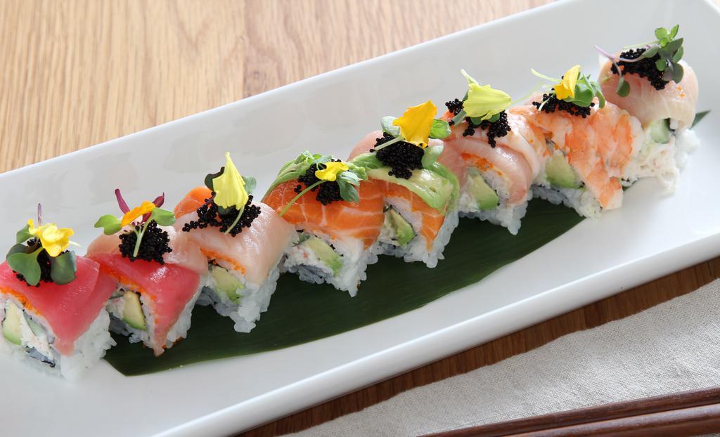 Rainbow Roll · california roll topped with tuna, salmon, yellow tail, albacore, shrimp, and avocado